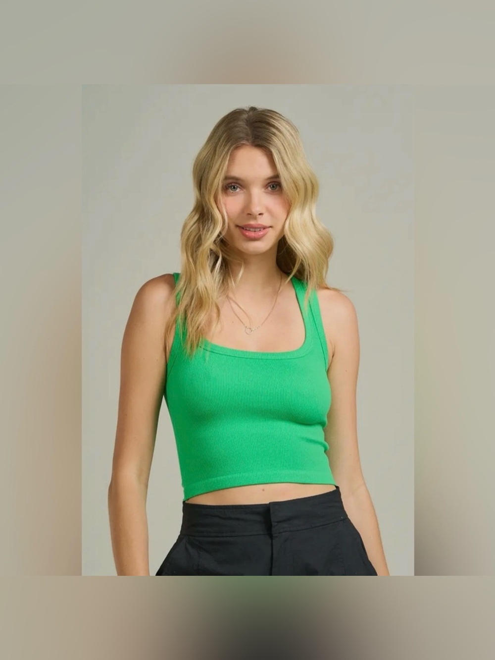 New Anwnd Bri Ribbed Square-Neck Seamless Tank ~ Kelly Green